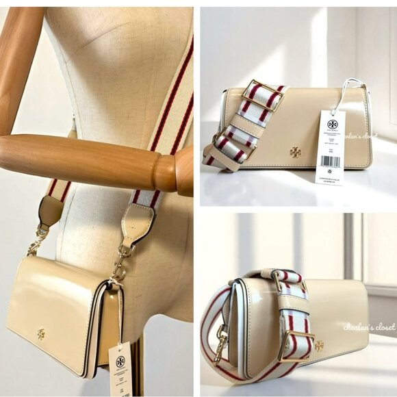 Tory Burch Emerson Patent Leather Crossbody With  Canvas Strap Gold Hardware - Picture 1 of 11